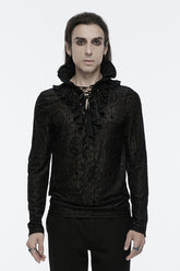 Black Stand Collar Long Sleeves Print Ruffle Men's Gothic Blouse